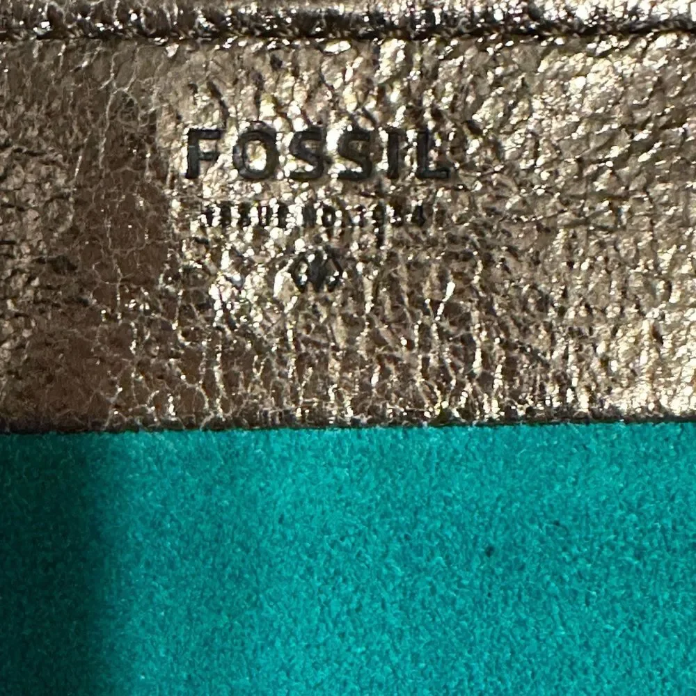 Fossil Leather Color Block Metallic Blue Green Gold Wristlet